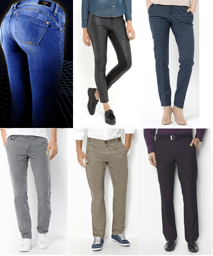En haut, pantalons de femmes, en bas, pantalons d'hommes (images tirées du site de la Redoute et prises au hasard). Remarquons aussi la position plus instable des femmes